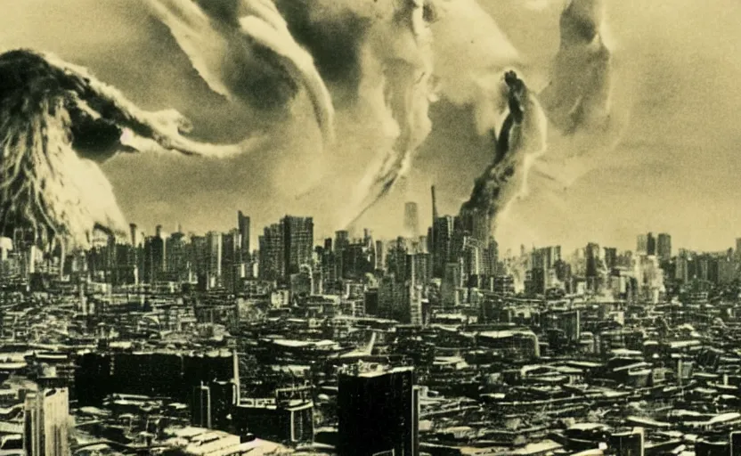 Image similar to a filmstill of Kim Jong-il and a Starro monster destroying Pyongyang, in Godzilla (1954) by Ishirō Honda, traditional Korean city, palace, epic ultrawide shot, cinémascope