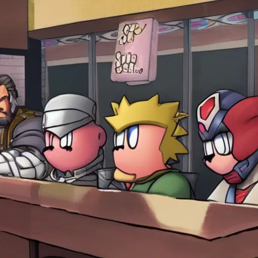 Image similar to kirby sitting next to solid snake at the bar, moody, gritty