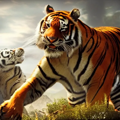 Prompt: hercules trying to give a pill to a tiger, photorealistic, dynamic light, ultra detailed, cinematic