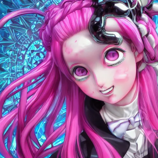 Image similar to stunningly beautiful omnipotent megalomaniacal anime asi goddess who looks like junko enoshima with symmetrical perfect face and porcelain skin, pink twintail hair and cyan eyes, traps you inside her surreal vr castle where she owns you completely with a haughty smile!!!, hyperdetailed, digital art from danganronpa, unreal engine 5, 8 k