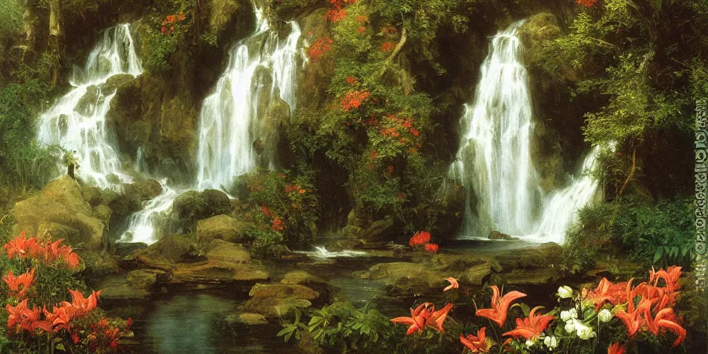 Prompt: scene of dreamlike cascading waterfalls, lilies, naturalistic art, by frederic edwin church,