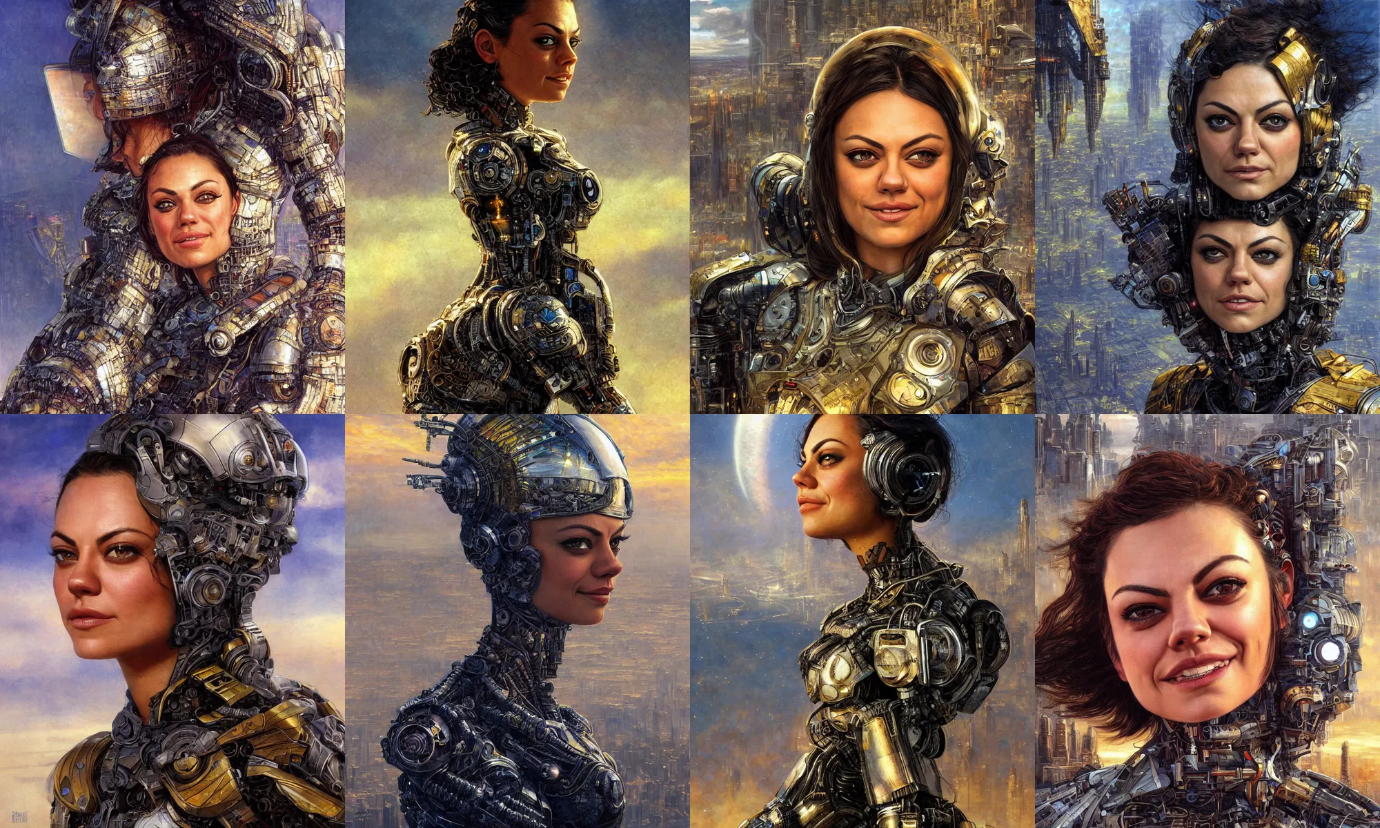 Image similar to close - up portrait of epic mila kunis smiling into camera, intricate cyborg armor, vista of futuristic city, windy, golden hour, wlop, by gerald brom, by mikhail vrubel, by peter elson, muted colors, extreme detail, trending on artstation