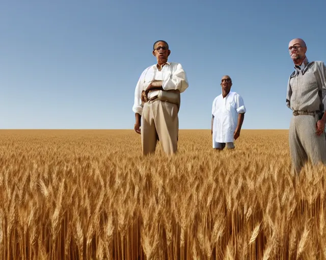 Prompt: extreme long shot of walter white and gustavo fring stand facing each other from a distance in a wheat field, low angle, side view, 3 5 mm photograph, 8 k resolution, wide shot, sharp lens