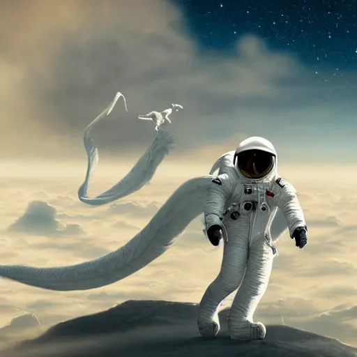 Image similar to illustration of astronaut riding a white dragon over the clouds, digital art, matte painting