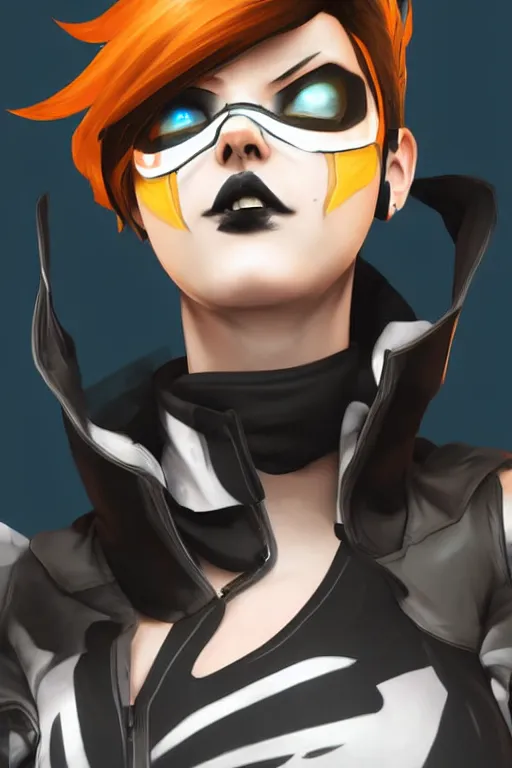 Image similar to digital drawing of tracer from overwatch in a goth style, wearing black lipstick and black eyeliner, 4 k, artstation, beautiful artwork, volumetric lighting, extremely detailed, neutral expression, focus on face, fog,