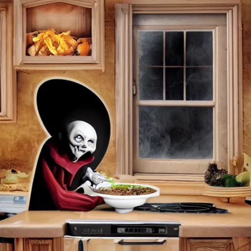 Image similar to nosferatu is cooking in a kitchen, realistic photography