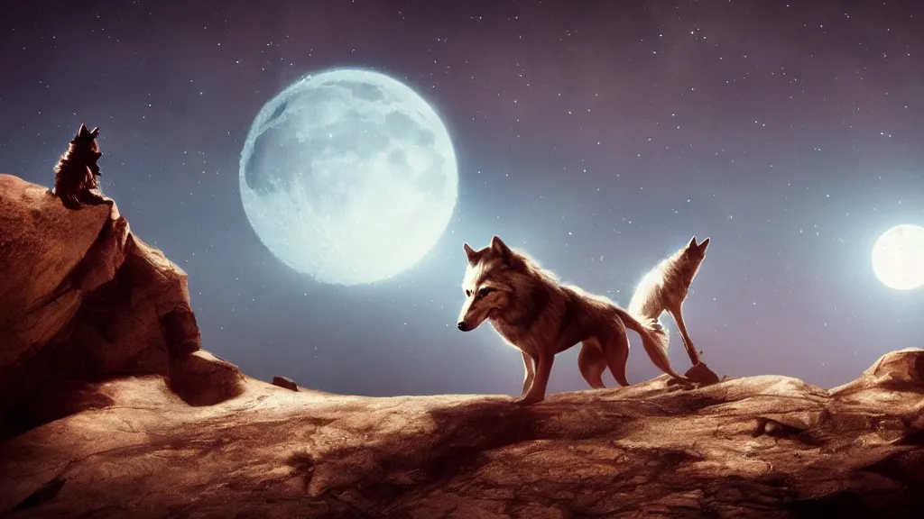 Image similar to epic cinematic shot of david bowie riding a wolf at night on a cliff with the moon in the background; artstation; deviantart; high quality trending