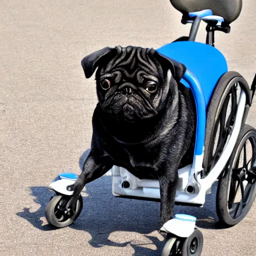 Image similar to a morbidly obese pug riding a turbo boosted wheelchair, high resolution photo