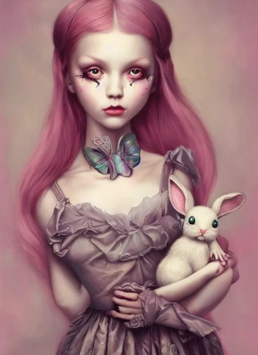 Image similar to pop surrealism, lowbrow art, realistic cute alice girl painting, holding bunny, hyper realism, muted colours, rococo, natalie shau, loreta lux, tom bagshaw, mark ryden, trevor brown style,