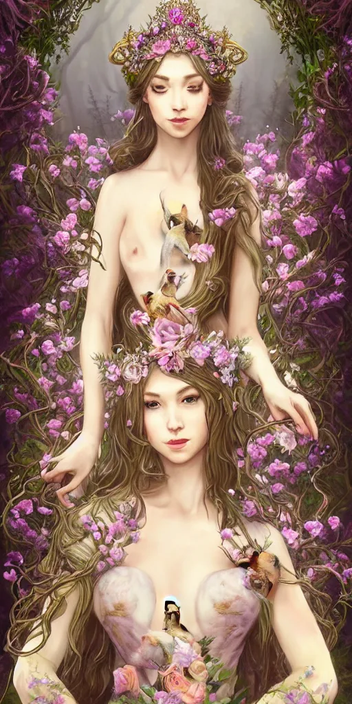 Image similar to A beautiful fantasy empress, highly detailed full body, just one head, flower tiara, long hair, wearing dramatic aristocrat robe, delicate figure, field of fantasy flowers, foxes and deer, epic composition, ultra wide-shot, dynamic pose, concept art, dramatic lighting, digital painting, smooth, character design, ((sharp focus)), elegant, intricate, trending on artstation, by WLOP and James Jean and Victo Ngai