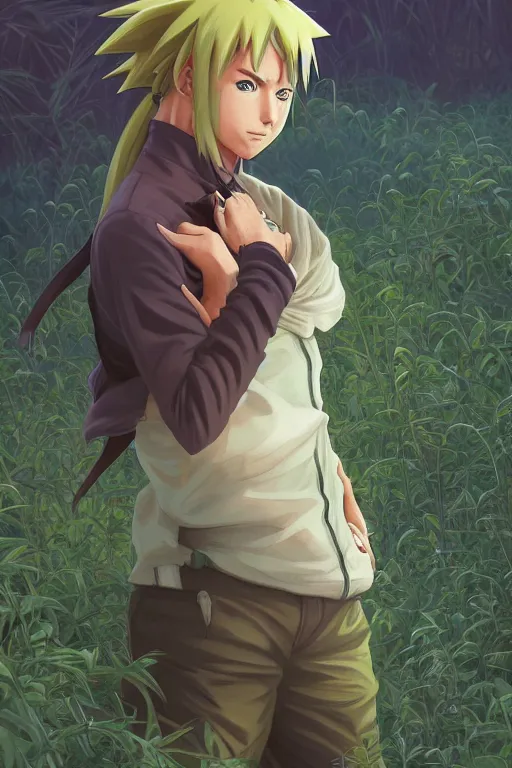 Image similar to Naruto, wavy hairstyle, highly detailed, in a magical lush field of overgrown plants, digital painting, artstation, concept art, smooth, sharp focus, illustration, cinematic lighting, art by artgerm and greg rutkowski and alphonse mucha