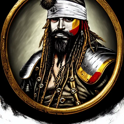 Image similar to a potrait of pirates, king of pirates, gold teeth, crazy hair, wearing armor, flag on his back, 1 6 0 0 century, black beard, one piece, photo realistic, in a circle, nft style, dust, grain, scretch on picture, noise, deep focus, high detail