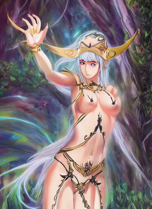 Image similar to an elven goddess, full body perspective painting, anime still illustrated by Madhouse Animations