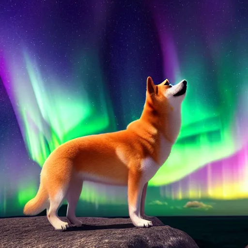 Image similar to shiba inu howling on top of a cliff. colorful northern lights in the background. digital painting, award winning, high detail, photorealistic, high quality, 4 k, cinematic lighting