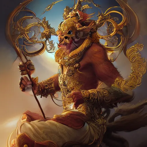 Prompt: Sun Wukong, monkey king, divine, golden ,symmetrical, D&D character art, portrait, digital painting, Peter Mohrbacher, Alphonse Mucha, Brian Froud, Yoshitaka Amano, Kim Keever, Victo Ngai, James Jean