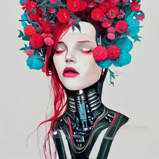 Prompt: surreal gouache paintingby conrad roset, female mechanical android head with flowers growing out, portrait, cgsociety, artstation, rococo mechanical costume and grand headpiece,