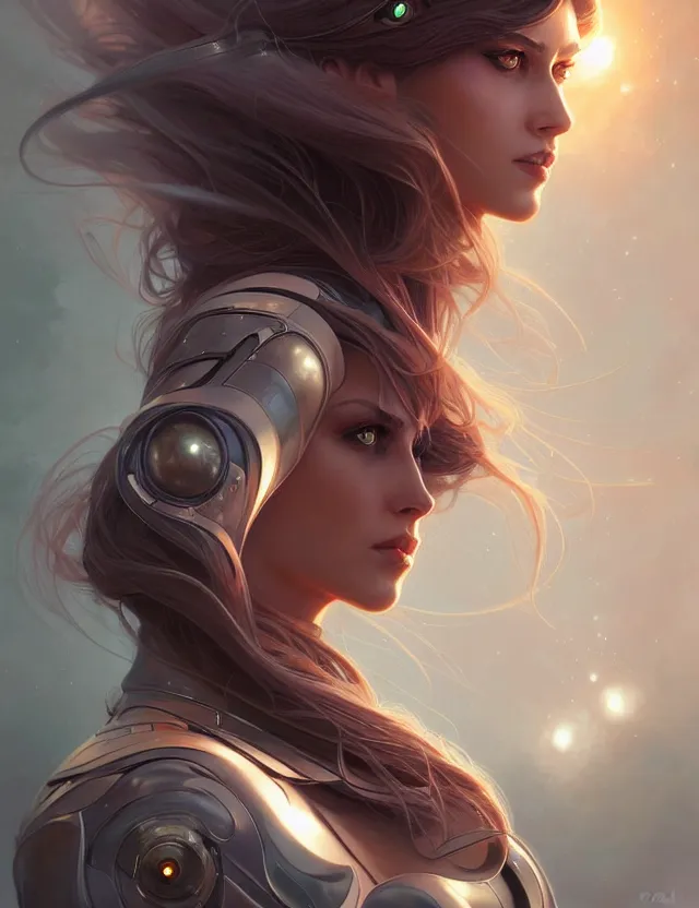 Image similar to futuristic woman portrait, sci-fi, amber eyes, face, long hair, fantasy, intricate, elegant, highly detailed, digital painting, artstation, concept art, smooth, sharp focus, illustration, art by artgerm and greg rutkowski and alphonse mucha