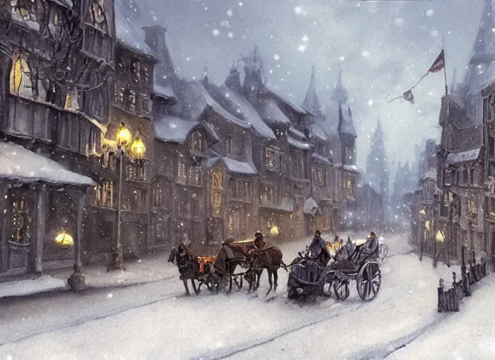 Image similar to a night scene of a snowy town with a horse drawn carriage, a detailed matte painting by anton pieck, deviantart contest winner, fantasy art, concept art, official art, matte drawing