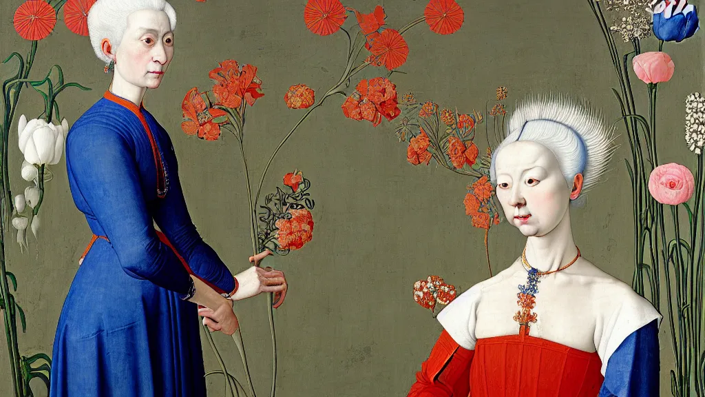 Prompt: portrait of a woman with white hair, wearing a plastic blue dress, standing in a room full of plants and flowers, white background, intricate details, high detail, in the style of rogier van der weyden and jacopo da pontormo, punk, asian art,
