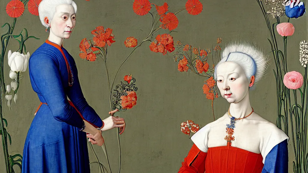 Image similar to portrait of a woman with white hair, wearing a plastic blue dress, standing in a room full of plants and flowers, white background, intricate details, high detail, in the style of rogier van der weyden and jacopo da pontormo, punk, asian art,