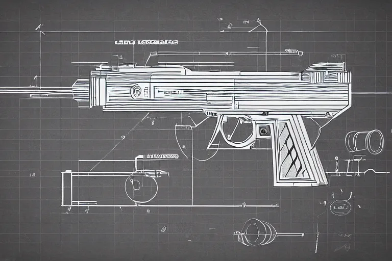 Image similar to blueprint of a laser gun, technical drawing, concept art, vector art, detail, centered with clear border,