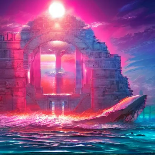 Prompt: ancient atlantis, retrowave epic art, trending on art station