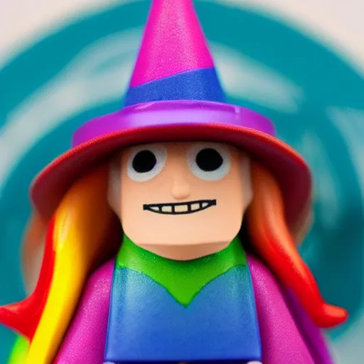 Prompt: a wizard with a rainbow wizard hat vinyl figure