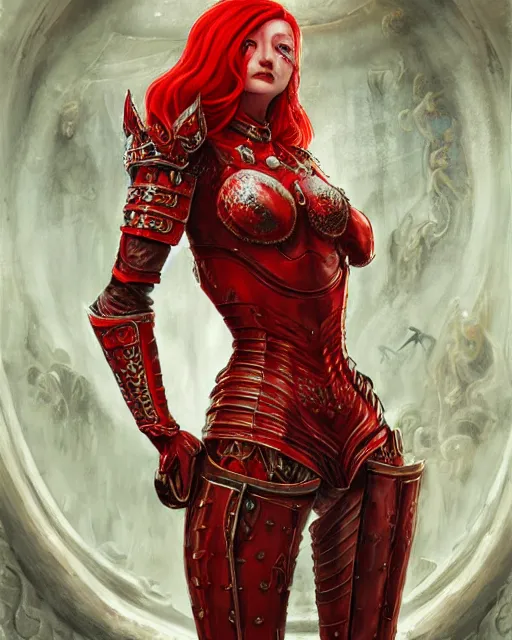 Prompt: redhead queen knight in red armor, inside grand hall in castle with rococo aesthetic, crown of roses, scarred face, elden ring, intimidating, high fantasy, intricate detail, digital painting, artstation, concept art, smooth, sharp focus, illustration, art by yoshitaka amano and monia merlo and wlop and artgerm