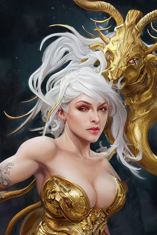 Image similar to fullbody!! beautiful woman with white hair, big natural horns on her head, gold jewellery, dynamic pose, dnd, face, fantasy, intricate, elegant, highly detailed, digital painting, artstation, concept art, smooth, sharp focus, illustration, art by artgerm and greg rutkowski and alphonse mucha