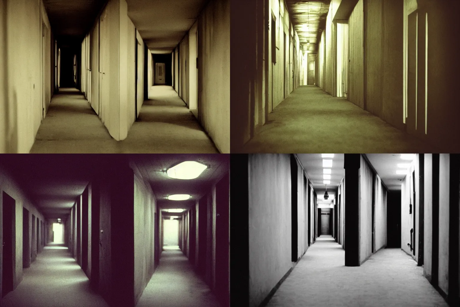 Prompt: long dark hallway, cinestill eastmancolor, heavy shadows, demon eyes peer from behind the dark