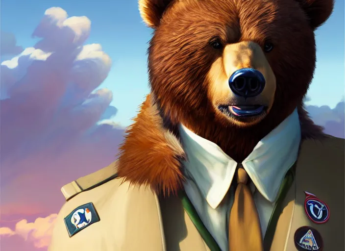 Image similar to character portrait feature of the anthro male anthropomorphic kamchatka brown bear fursona wearing airline pilot outfit uniform professional pilot for delta airlines character design stylized by charlie bowater, ross tran, artgerm, and makoto shinkai, detailed, soft lighting, rendered in octane