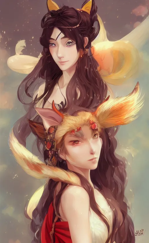 Image similar to A beautiful anime-style digital concept portrait of a beautiful young sorceress with fox ears and nine fox tails wearing a kimono, by Stanley Artgerm Lau, WLOP, Rossdraws, LeraPi, and Sakimichan, trending on ArtStation