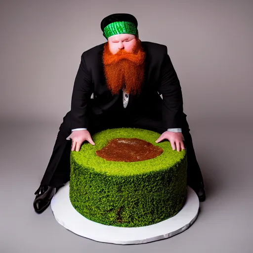 Prompt: fat red headed man with a beard in a green suit squatting on top of a white cake, sharp, realistic, 8k, ambient lighting