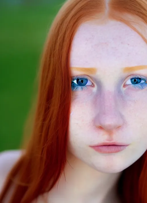 Image similar to close up portrait photograph of a thin young redhead woman with russian descent, sunbathed skin, with deep blue symmetrical!! eyes with round!! Black!! Pupils, and Wavy long maroon colored hair who looks directly at the camera, with a Slightly open mouth, face takes up half of the photo. a park visible in the background. 55mm nikon. Intricate. Very detailed 8k texture. Sharp. Cinematic post-processing. Award winning portrait photography. Sharp eyes.