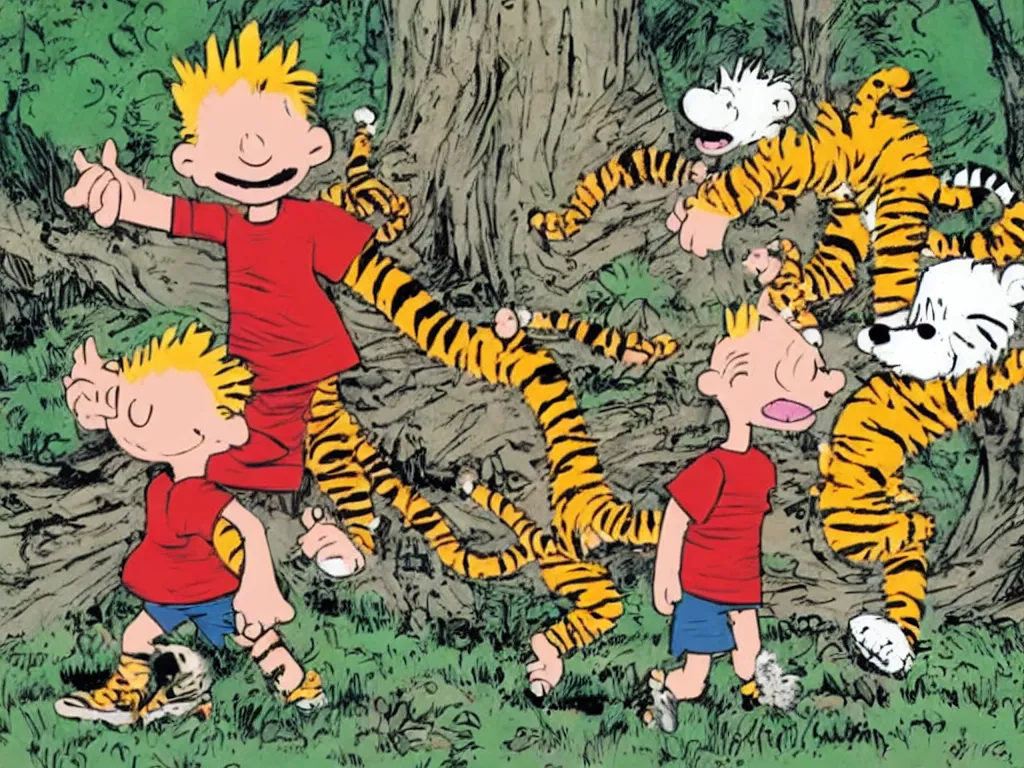 Prompt: one young boy with spiked blonde hair wearing a red shirt walking next to a plushie tiger, calvin and hobbes, illustration by bill watterson