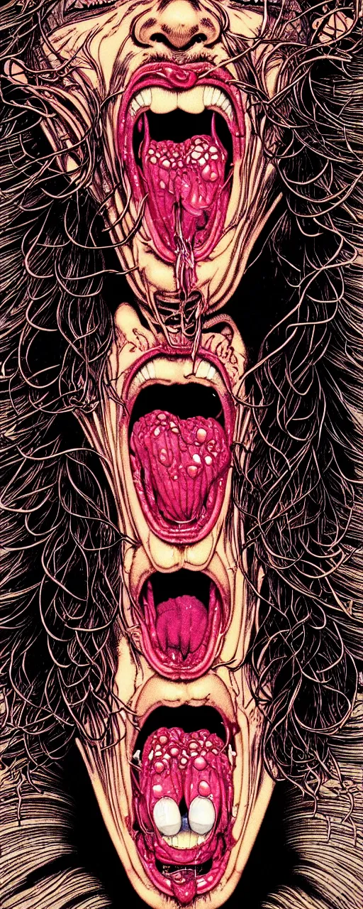 Image similar to closeup of face melting in agony with tongue, inside a frame on a tiled wall, frontal picture, by yoichi hatakenaka, masamune shirow, josan gonzales and dan mumford, ayami kojima, takato yamamoto, karol bak