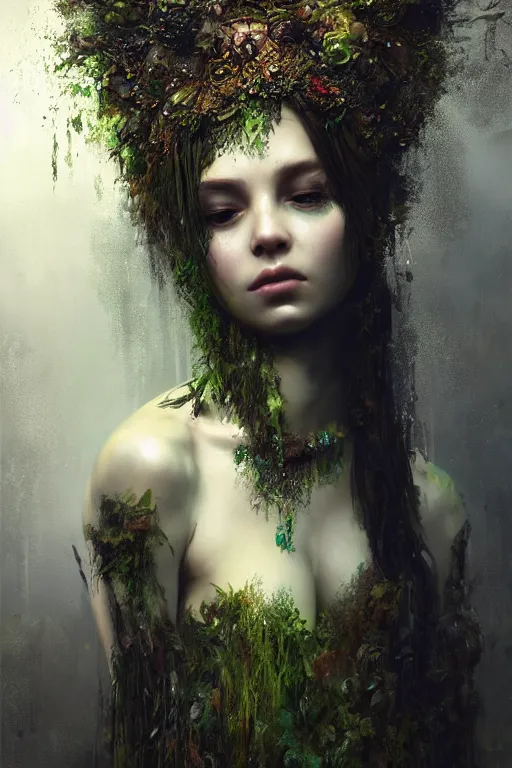 Prompt: a portrait of beautiful girl by irakli nadar with intricate detailed in a black background, moss and leaves headdress, melting wax, mycelia, abstract impressionism, ruan jia, dark fantasy, hyper detailed, concept art, by gustav klimt, by sue bryce, moody lighting