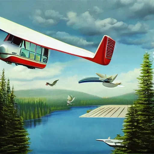 Prompt: a [ 5 0 s bus with airplane wings ] floats above a forest and lake, [ oil painting ]!!, trending on cgsociety, 4 k