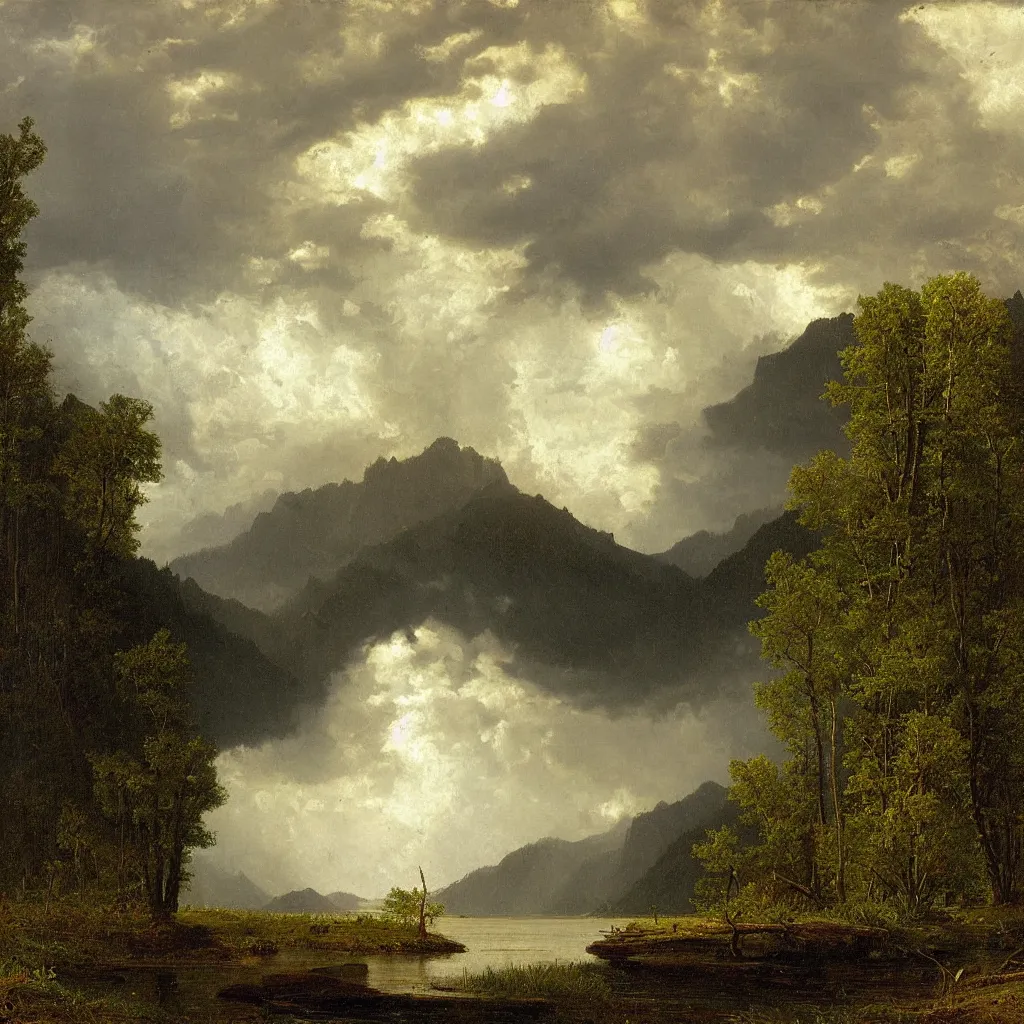 Prompt: great river, Phragmites, steep mountains, incoming storm, painting, Joseph Koch, Albert Bierstadt, Johann Reinhart, Jakob Hackert