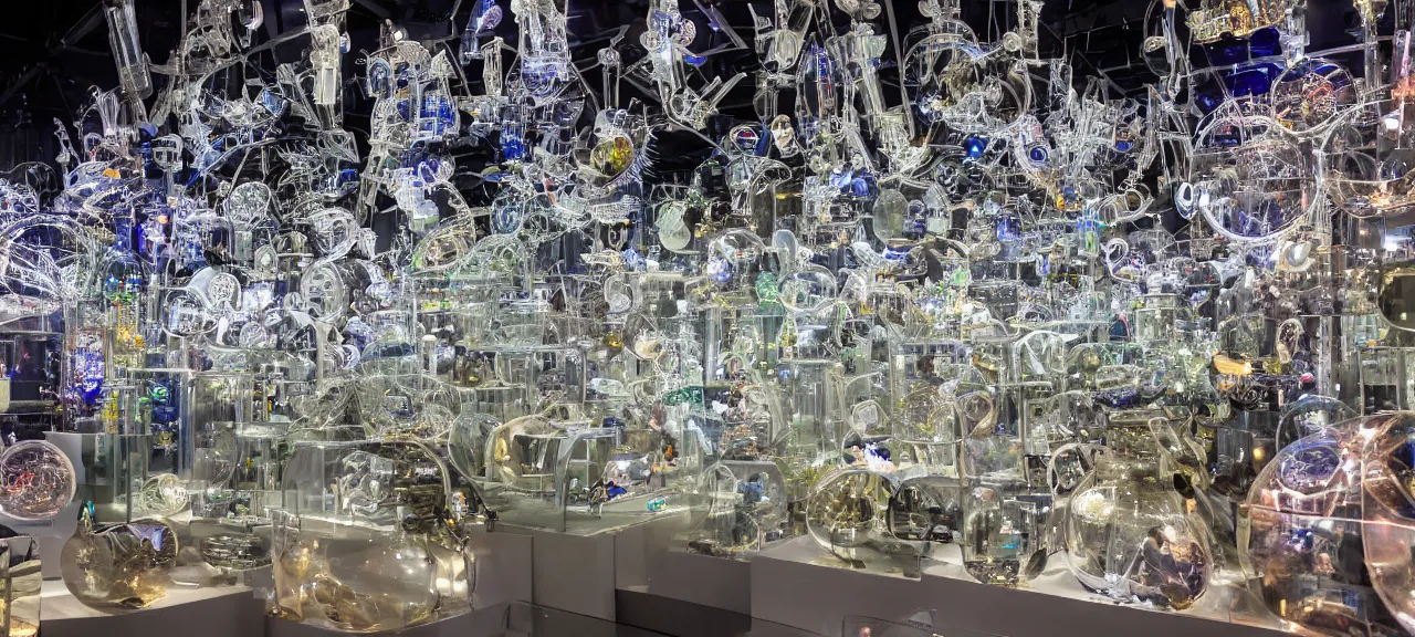 Prompt: A wide view into a glass showcase full of thousands of tiny mechanical gadgets, illuminated spolights in a huge room of a futuristic museum