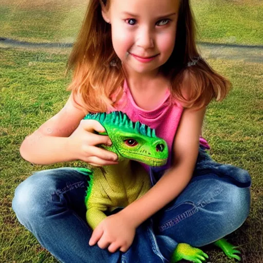 Prompt: girl with a pet dinosaur, cute,