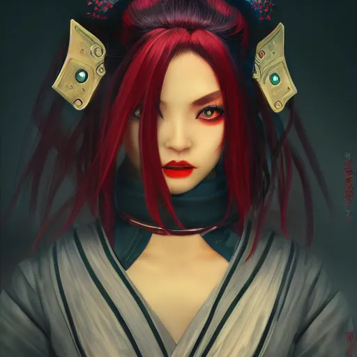 Image similar to geisha ninja girl anime, hyper detailed, digital art, trending in artstation, cinematic lighting, redhead, studio quality, smooth render, fluorescent skin, unreal engine 5 rendered, octane rendered, art style by klimt and nixeu and ian sprigger and wlop and krenz cushart