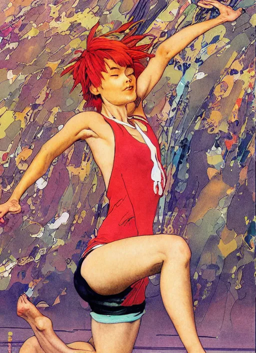 Prompt: an art nouveau copic maker illustration of asuka langley doing yoga by norman rockwell and john berkey