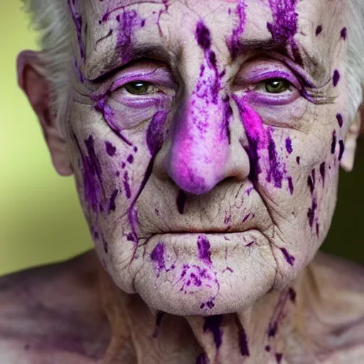 Image similar to real photograph of old face with purple scars, hd