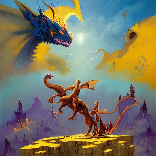 Prompt: A beautiful painting of a group of people fighting a dragon. warm yellow, Pexels, lavender by Anton Fadeev, by Brian Mashburn, by Claude Cahun