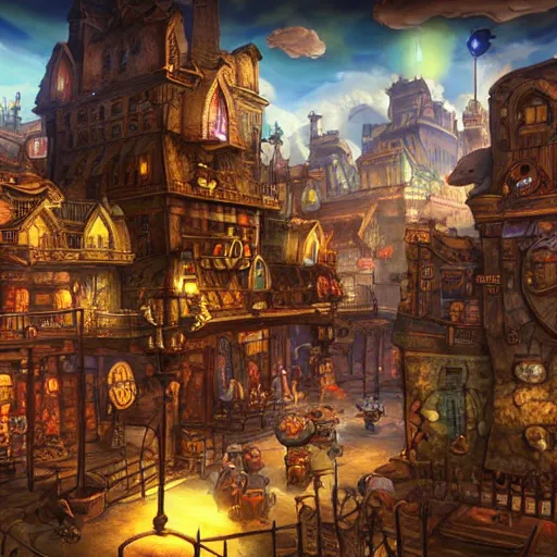 Image similar to A fantastical underground steampunk village with towering buildings, side-scrolling 2d platformer game level, dramatic dusk sun illuminates areas, volumetric light , detailed, rich color, upscale , 8k