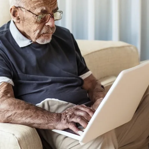 Image similar to elderly man sitting on a casket browsing internet on laptop from a casket casket