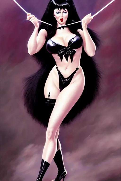 Prompt: a ( beautiful masterpiece highly detailed ) full body portrait illustration of intimate alluring elvira! mistress of the dark by ralph horsely and artgerm and joe jusko, raven black hair, porcelain white skin. bettie page, curvy. trending on artstation