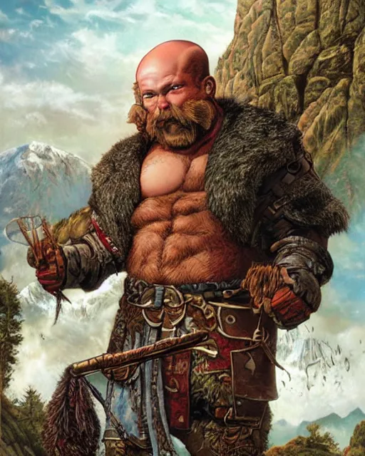 Image similar to a bald warrior male dwarf with long brown beard in a mountainous landscape, art by mark brooks, jason edmiston, glenn fabry