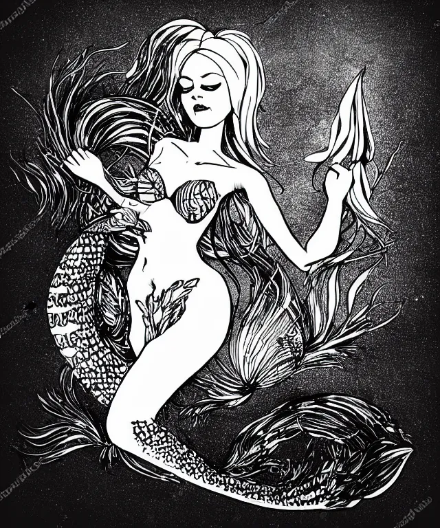 Image similar to black and white illustration, creative design, beautiful mermaid, full body, bikini top fish tail